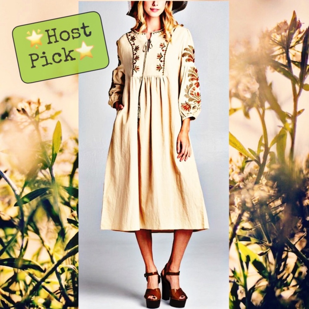 NWT Bishop Sleeve Embroidered Cotton Midi Dress
